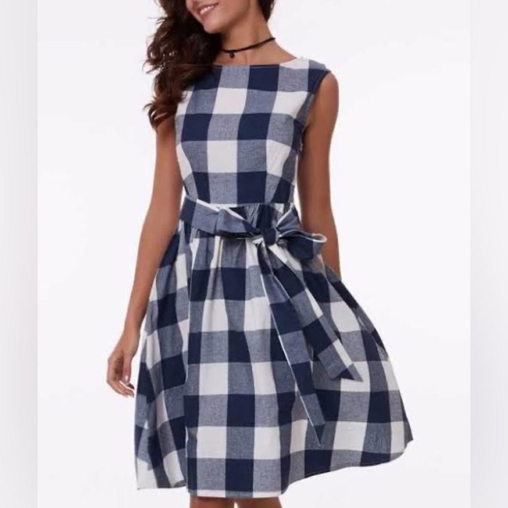 LAURA ASHLEY Cotton Blue White Picnic Check Fit and Flare Midi Dress - Picture 2 of 12
